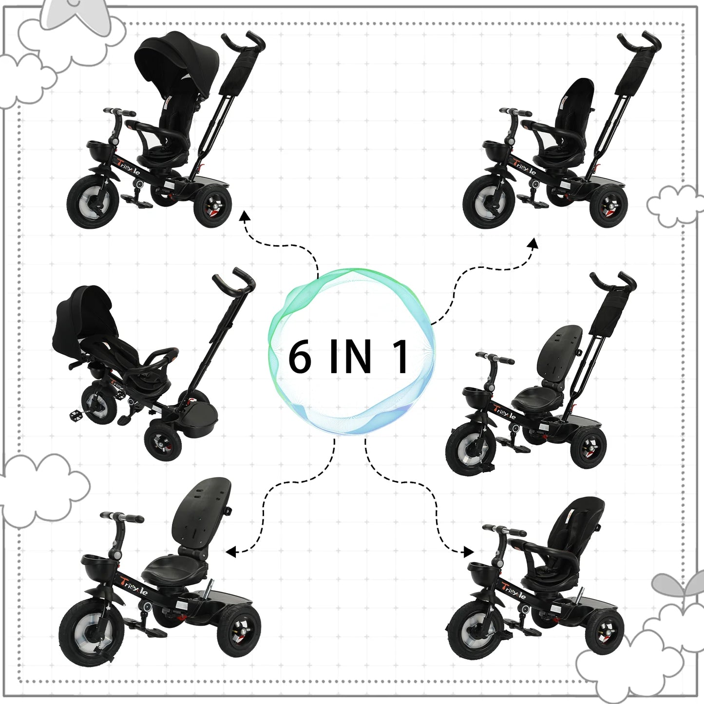 Ubravoo Baby Stroller Tricycle Ride Bike , 360 Degree Rotation Sitting & Lying,Celerity Disassembly & Assembly,1-5 Years