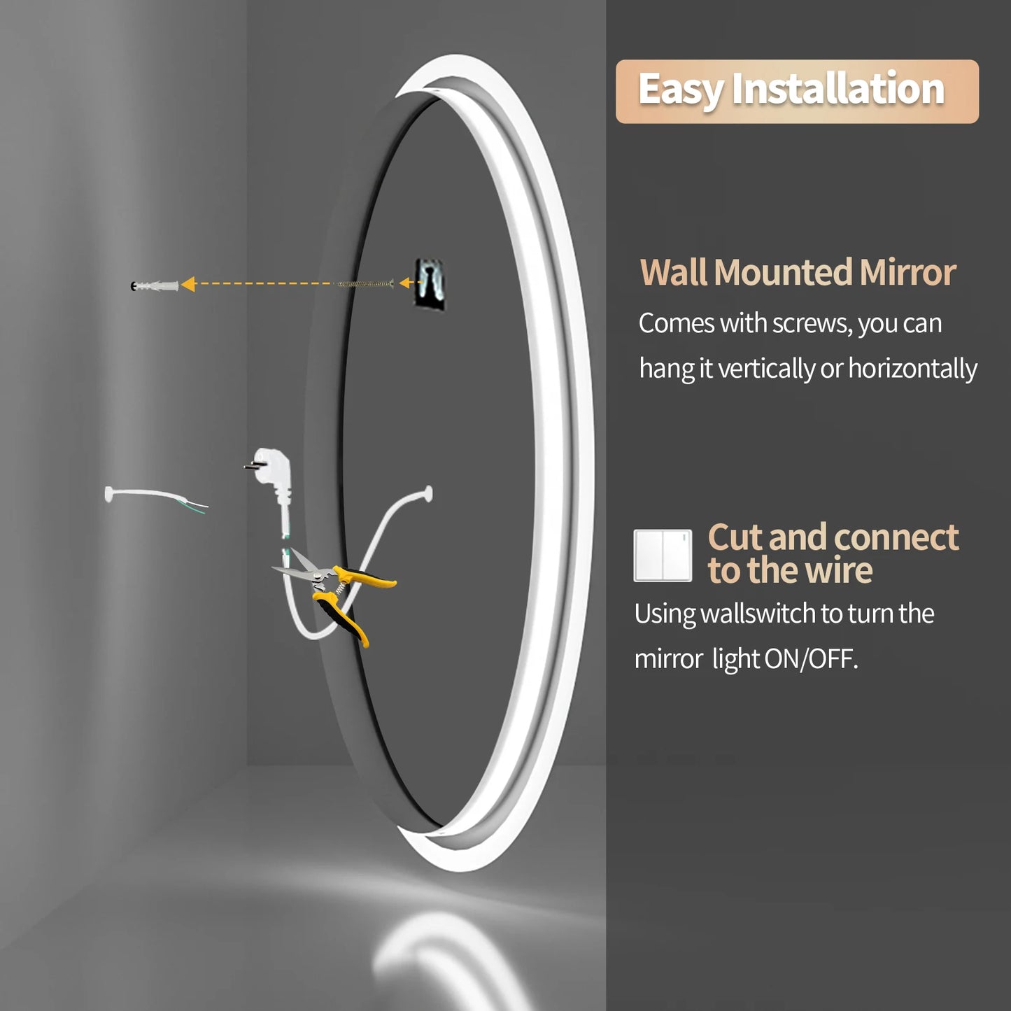 Bathroom Mirror with LED Lights Circle Backlit Illuminated Wall Mounted Lighted Mirror Anti-Fog 3 Colors Change IP65 Dimmable