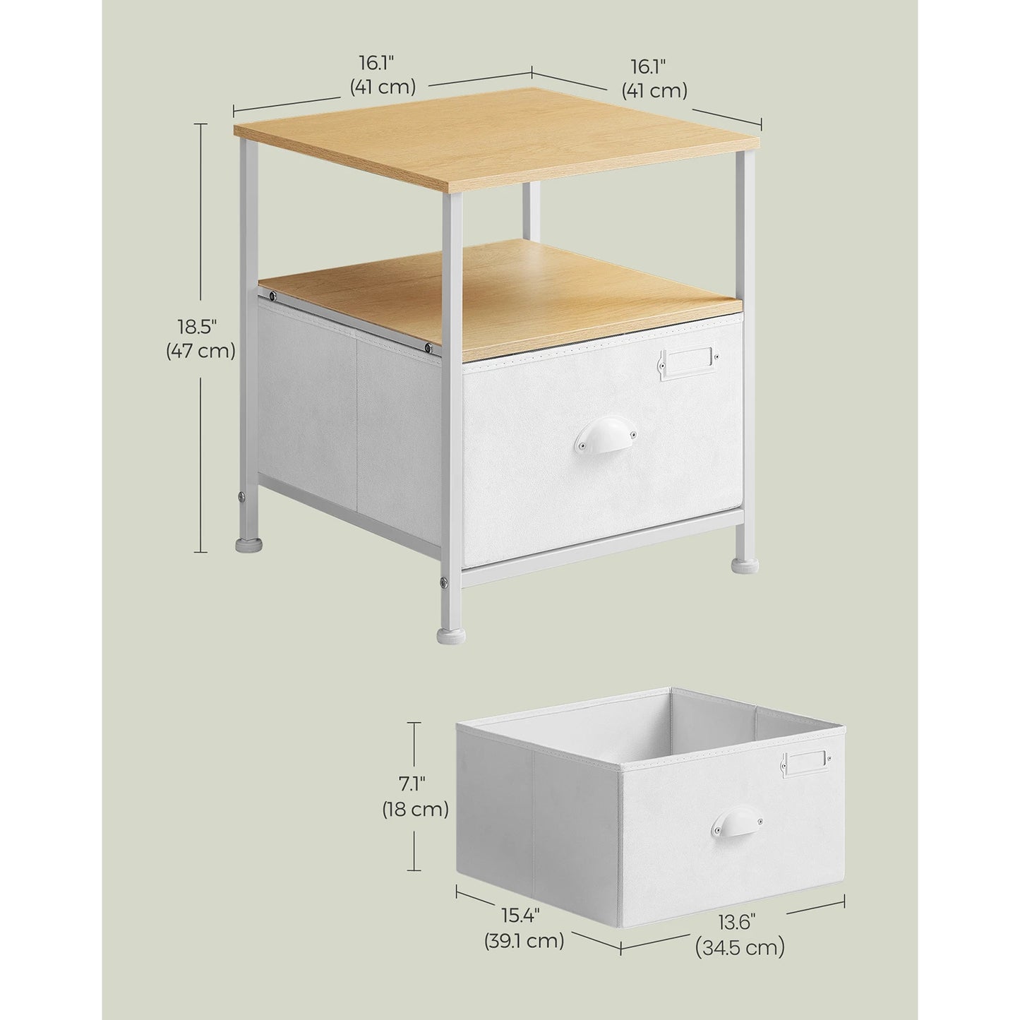 SONGMICS Nightstand, Bedside Table with Storage, Fabric Drawer Dresser, End Table with 2 Shelves, Modern Style