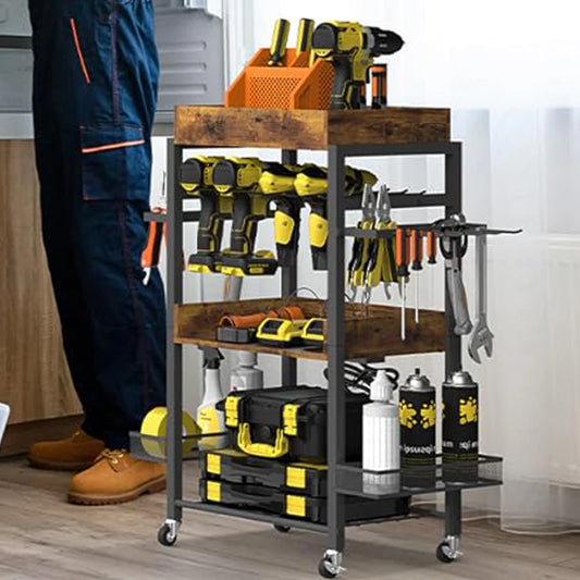 Rolling Power Tool Organizer Cart, Storage Cart on Wheels , with Drill Rack, Open Tool Organizer, Heavy Duty, 4 Tier