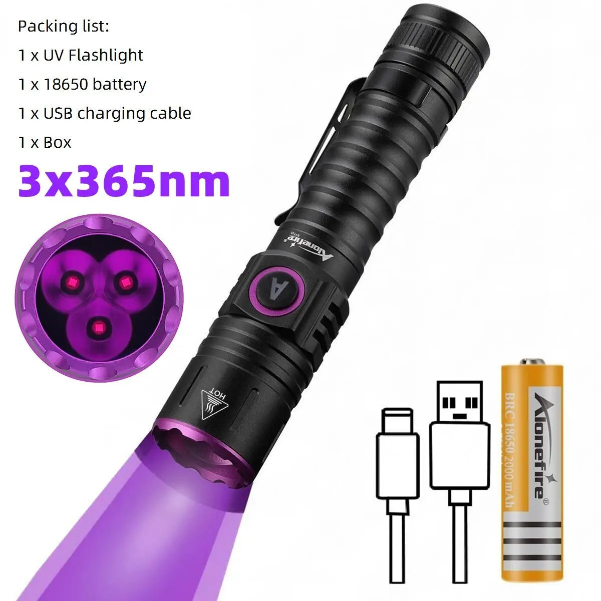 15W High power UV 395/365nm USB Rechargeable Flashlight Cat Dog Urine Tinea Ore Money Scorpion Fluorescence Marker Purple Light