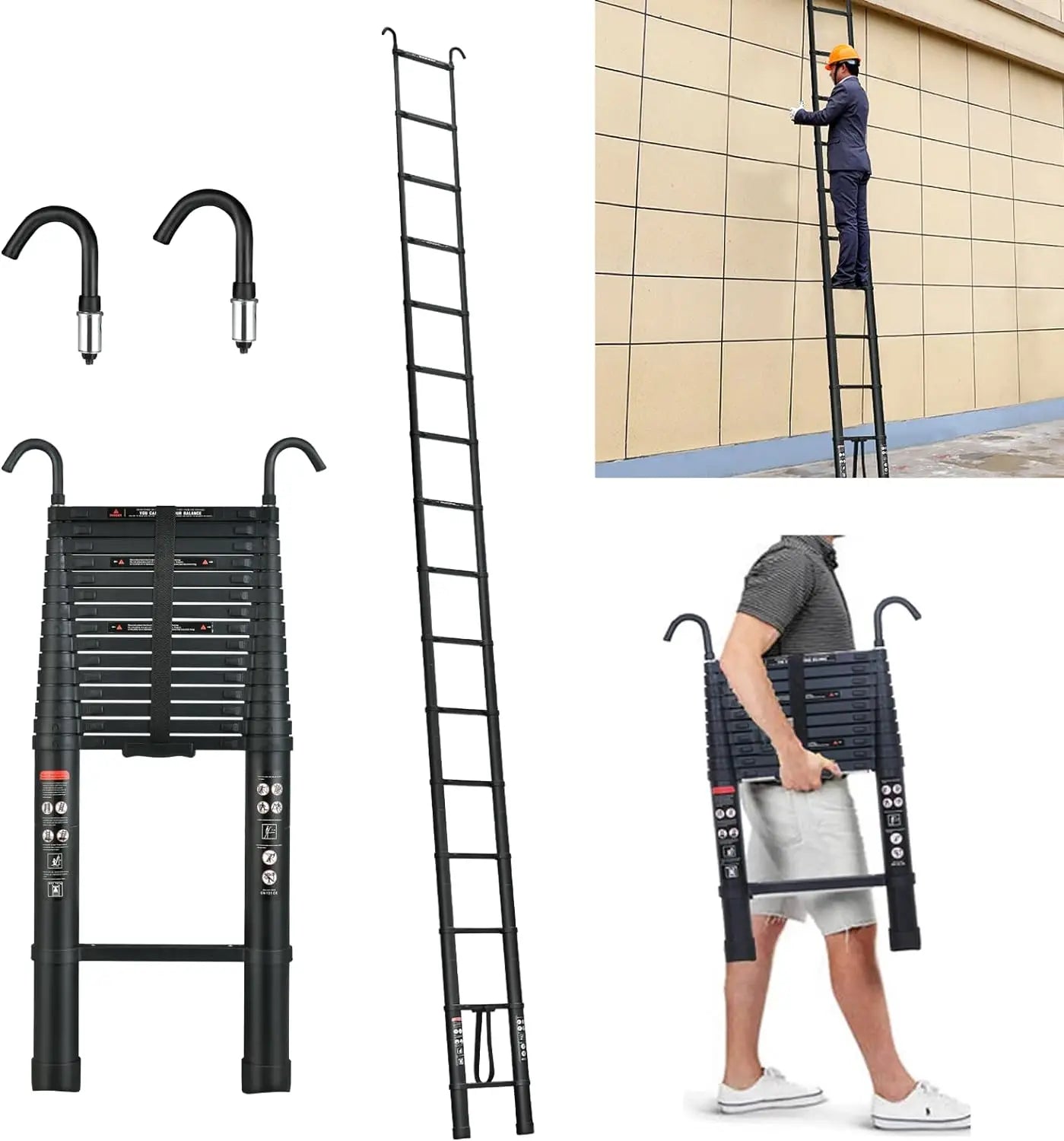 16.5FT 5M Telescopic Ladder with Detachable Hooks Folding Aluminum Extension Ladder Loft Ladder Multi-Purpose Collapsible Ladder