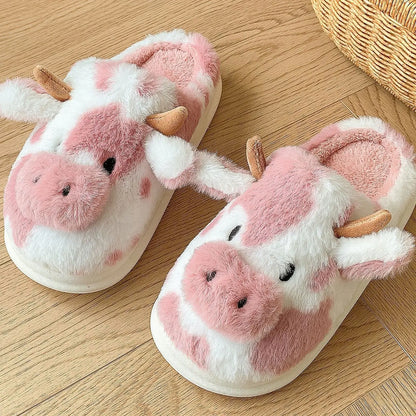 Pallene Cow milk Fuzzy Slippers Women Winter Cartoon Fur Slippers Soft Cozy Plush House Shoes Female Bedroom Cute Furry Slides