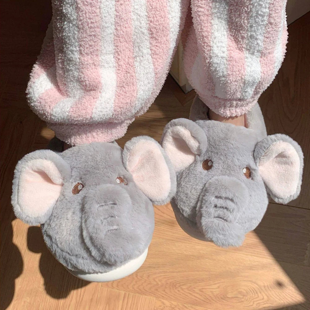 Plush Elephant Slippers Slip-on House Shoes Cute Thermal Home Slippers Comfortable Fluffy Couple Slippers Non-Slip for Men Women