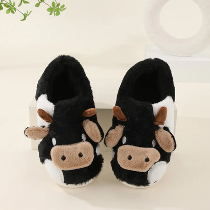 New Winter Unisex Cartoon Cow Warm Plush Slippers Couple's Indoor Non-slip House Slides Men And Women Toe Wrap Home Cotton Shoe