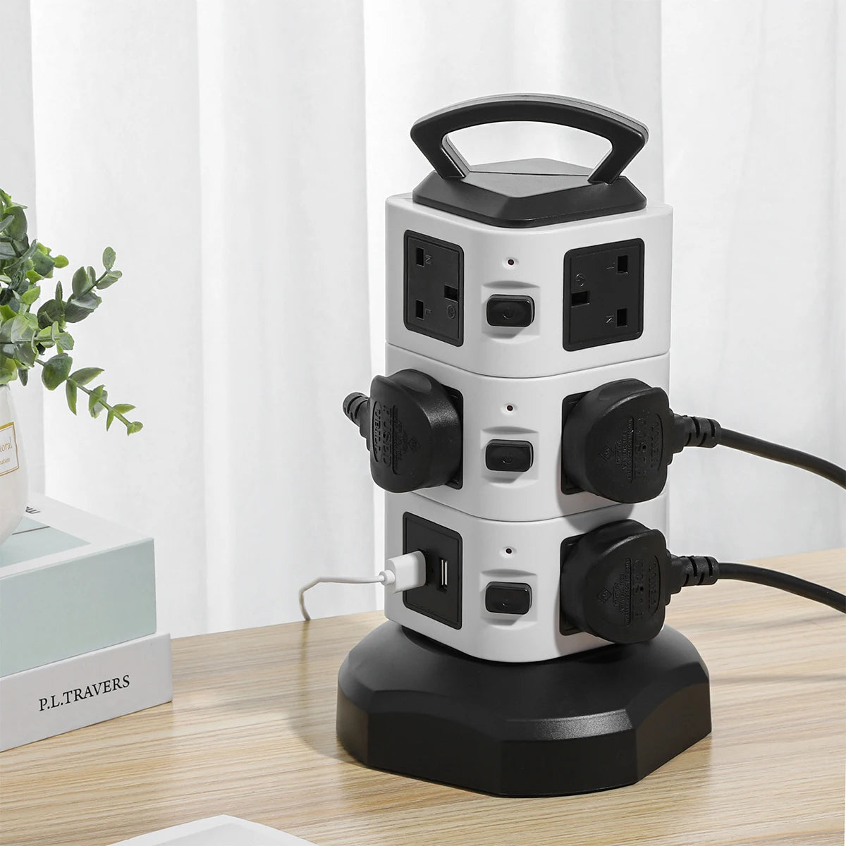 Vertical Power Strip 7/11/15 Ways Tower Socket Surge Protector UK Plug Multi Outlets with 2 USB 2m Extension Cable Home Office