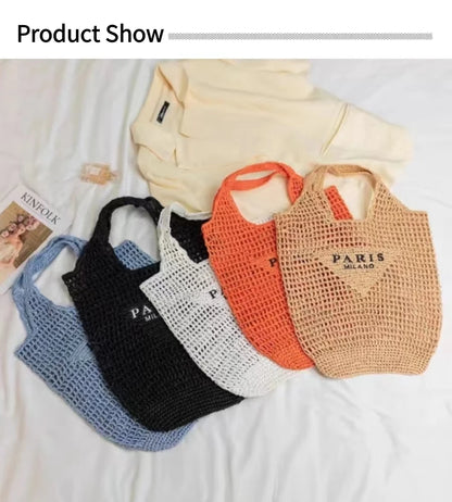 Women Summer Beach Vacation Fashion Straw Knitting Shoulder Bag Hollow Out Handwoven Handbag Portable Large Capacity Casual Tote