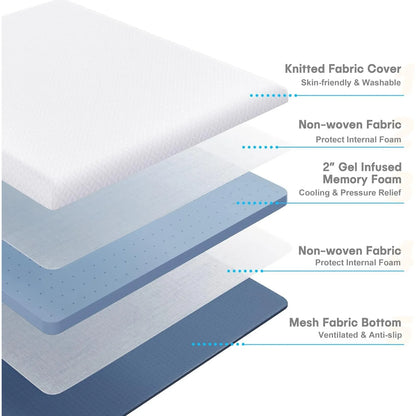 2 Inch Memory Foam Mattress Topper , Gel Infused Memory Foam Bed Topper with Removable and Washable Cover