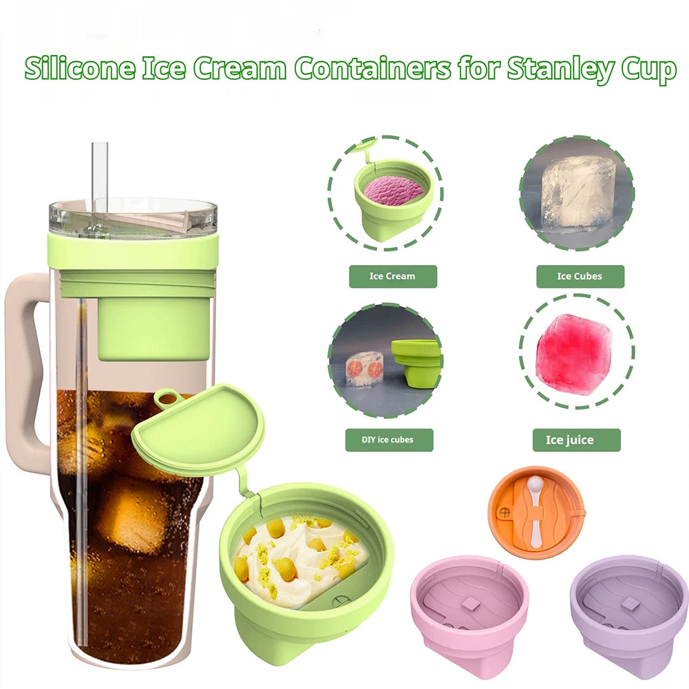 Silicone Ice Cream Cup with Lid & Spoon Freezer Storage Container Reusable Snack Bowl for Stanley 40oz Water Cup Accessories