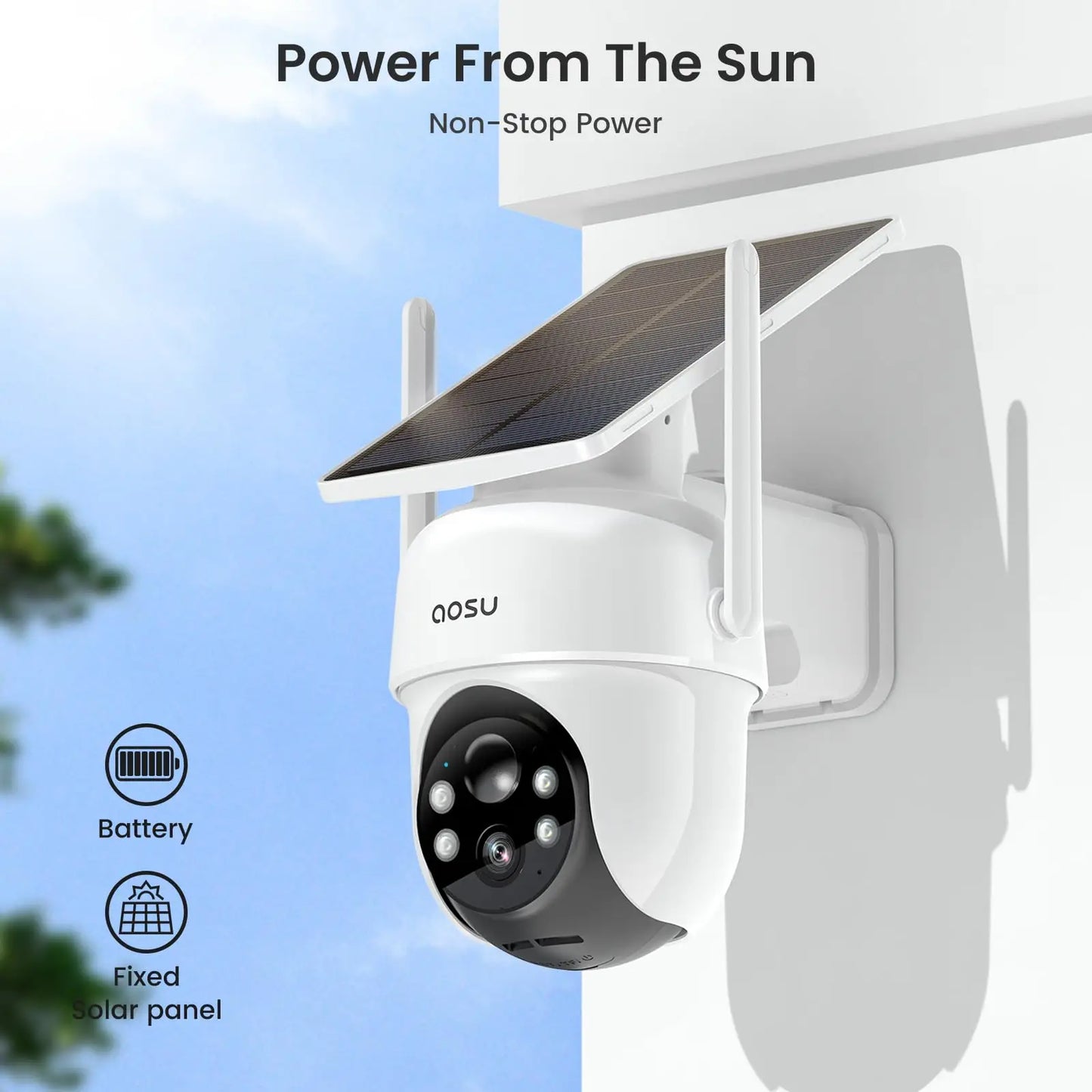 AOSU 2K 3MP Solar Battery Camera System 4 Cams Kit Wireless 360° PTZ Surveillance Wifi Camera Set Include Home Base Support Alex