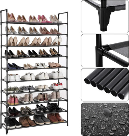 SONGMICS 10-Tier Shoe Rack, Shoe Stand, Space-Saving Shoe Storage, 29 x 100 x 175 cm, Metal Frame, Non-Woven Fabric Shelves