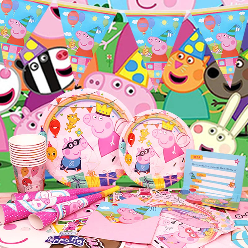 Peppa Pig Birthday Party Decoration Foil Latex Balloon For Kid Event Supplies Banner Backdrop Disposable Tableware Plate Cup