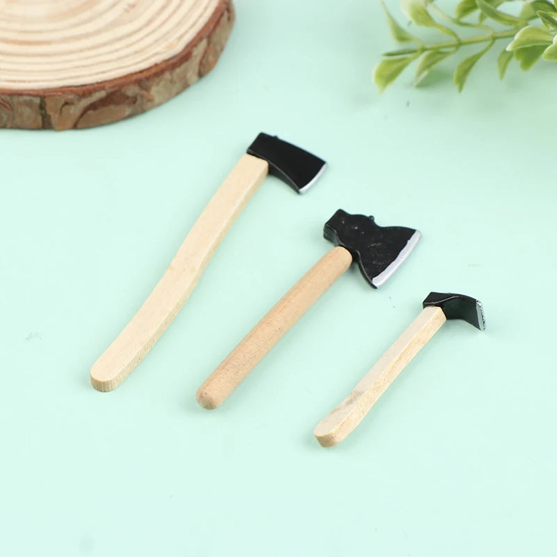 New 3Pcs/set 1/12 Scale Dollhosue Mini Wood Metal Chopper Hatchet Dollhouse Miniature Farming Tools Garden Tools