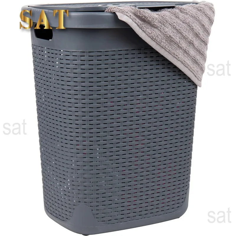 50L Slim Laundry Hamper, Clothes Basket, Lid, Wicker Design, Plastic, 17.65"L x 13.75"W x 21"H