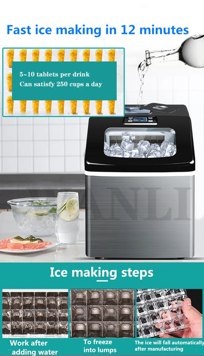 HZB-20 Ice Maker Electric Commercial Tea Shop 25kg Square Mini Ice Maker Household Desktop Automatic Ice Maker 220V 120W