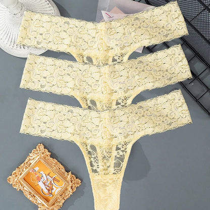 3PCS Lace Floral Women Panties Low Waist Breathable Briefs Female Thong Underwear M-2XL Solid Sexy G-String Transparent Panty