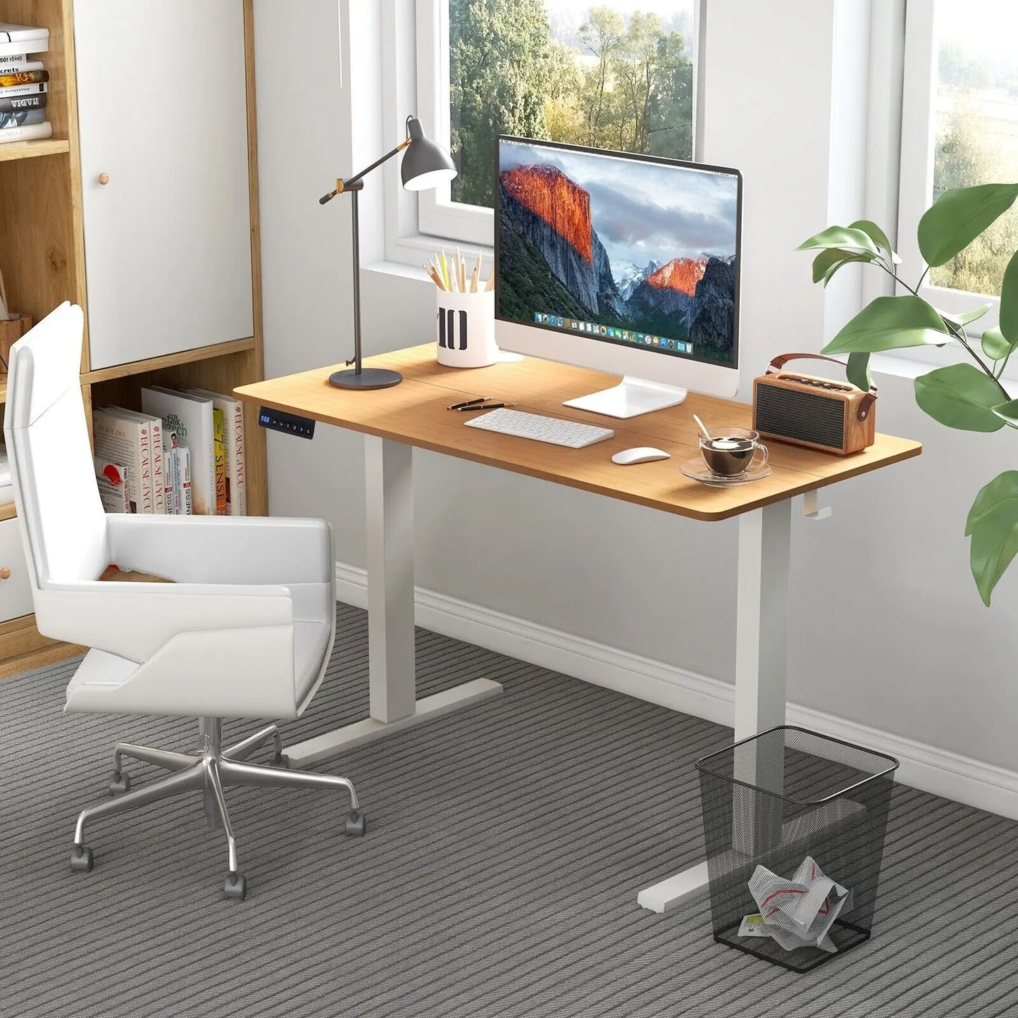 GOFLAME Electric Height Adjustable Standing Desk, 120 x 60cm Ergonomic Rising Computer Desk with 3 Memory Heights