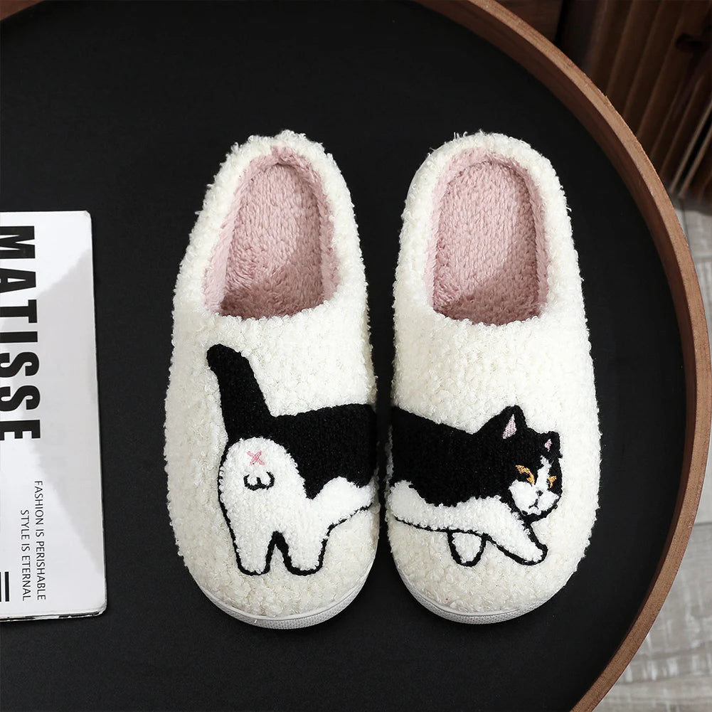 Plush Cow Cat Slippers Cute House Slippers Non-Slip Fluffy Pet Cat Slippers Comfortable Warm Couple Slippers for Bedroom Indoor