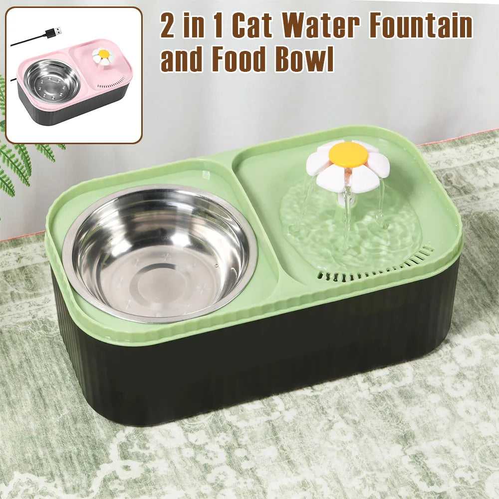 2 in 1 Cat Water Fountain and Food Bowl 3L Automatic Pet Water Fountain with Quadruple Filtration System Stainless Steel Bowl