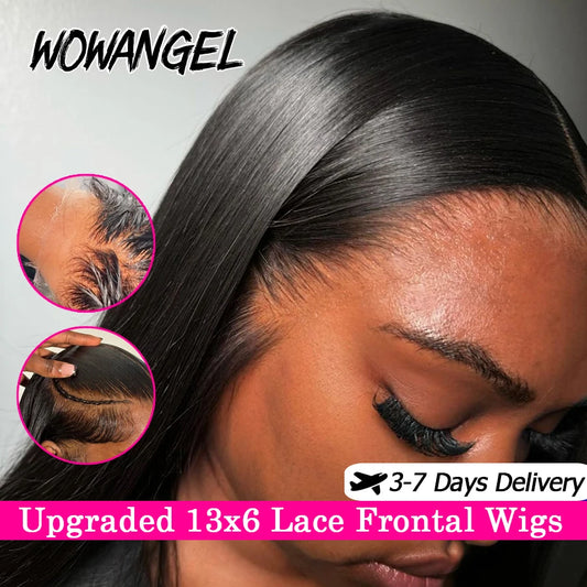 WowAngel 250% Upgraded 13x6 HD Lace Full Frontal Wigs Glueless Straight Human Hair Wigs Pre Plucked Natural Scalp Brazilian Hair