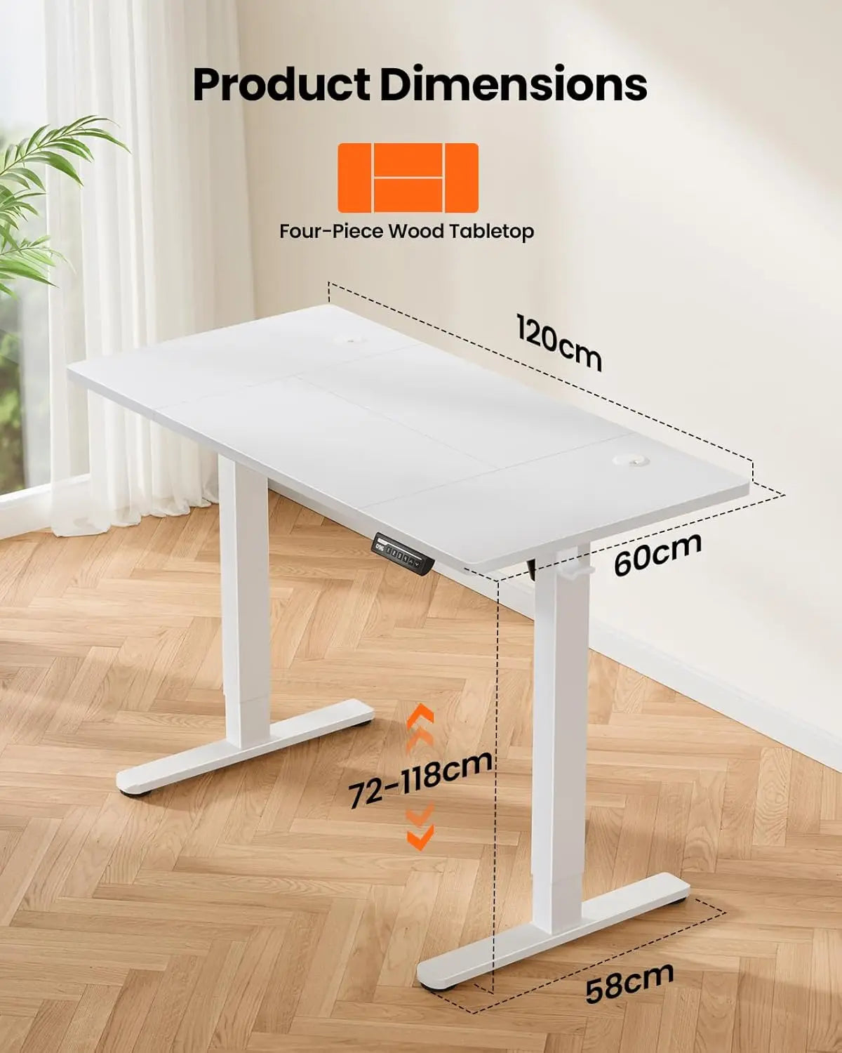 Electric Standing Desk, Height Adjustable Desk 120 x 60cm, Computer Desk with 4 Memory Smart Pannel