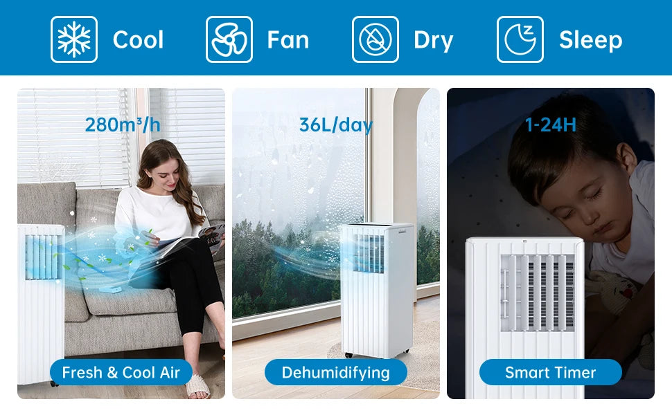 Portable Air Conditioner 7000 BTUs 3 In1 Air Conditioner, Dehumidifier 36L/Day, Cooler, Fan with 2 Speeds, Digital Display