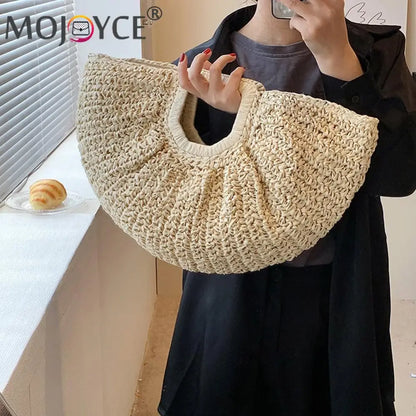 Women Handmade Straw Tote Bag Large Capacity Bohemia Moon Handbag Solid Color Simple Weaving Wrist Bag Summer Beach Bag