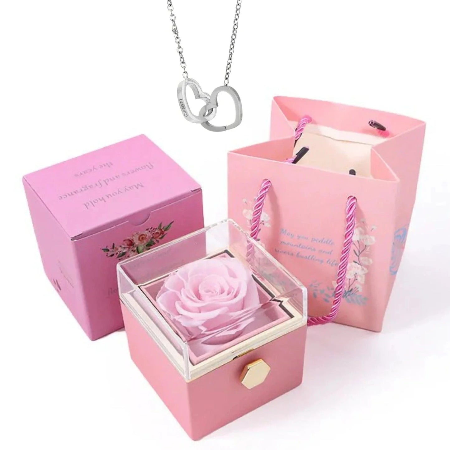 PolishedPlus Custom Names Heart Necklace Personalized Jewelry Rotating Rose Box Pendant Chain For Women Wife Valentine's Day