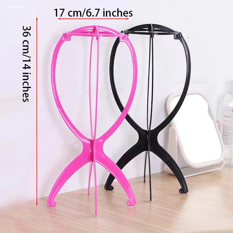 2PCS Folding Wig Stand Plastic Adjustable Portable Hat Display Stand Durable Mannequin Dummy Head Plastic Black, pink, blue