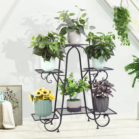 6 Tier Metal Plant Stand, Garden Patio Flower Rack, Step Design, Outdoor, Indoor, Wrought Iron