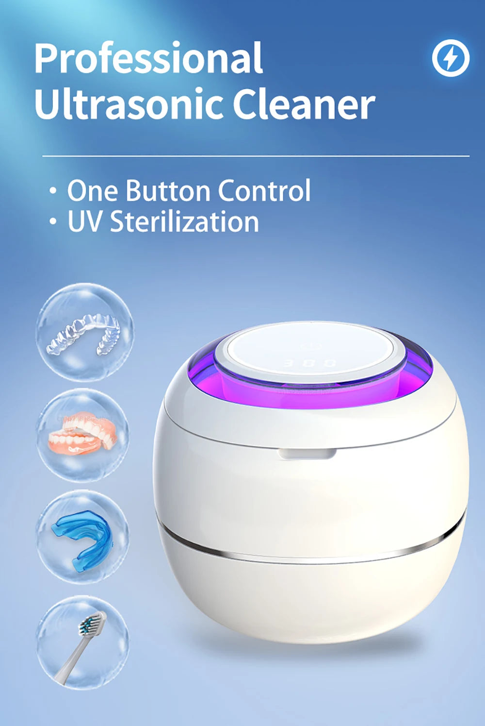 Ultrasonic Cleaner For Retainers Dentures Jewelry Cleaning Machine Mini Portable UV Ultrasonic False Teeth Retainer Cleaner