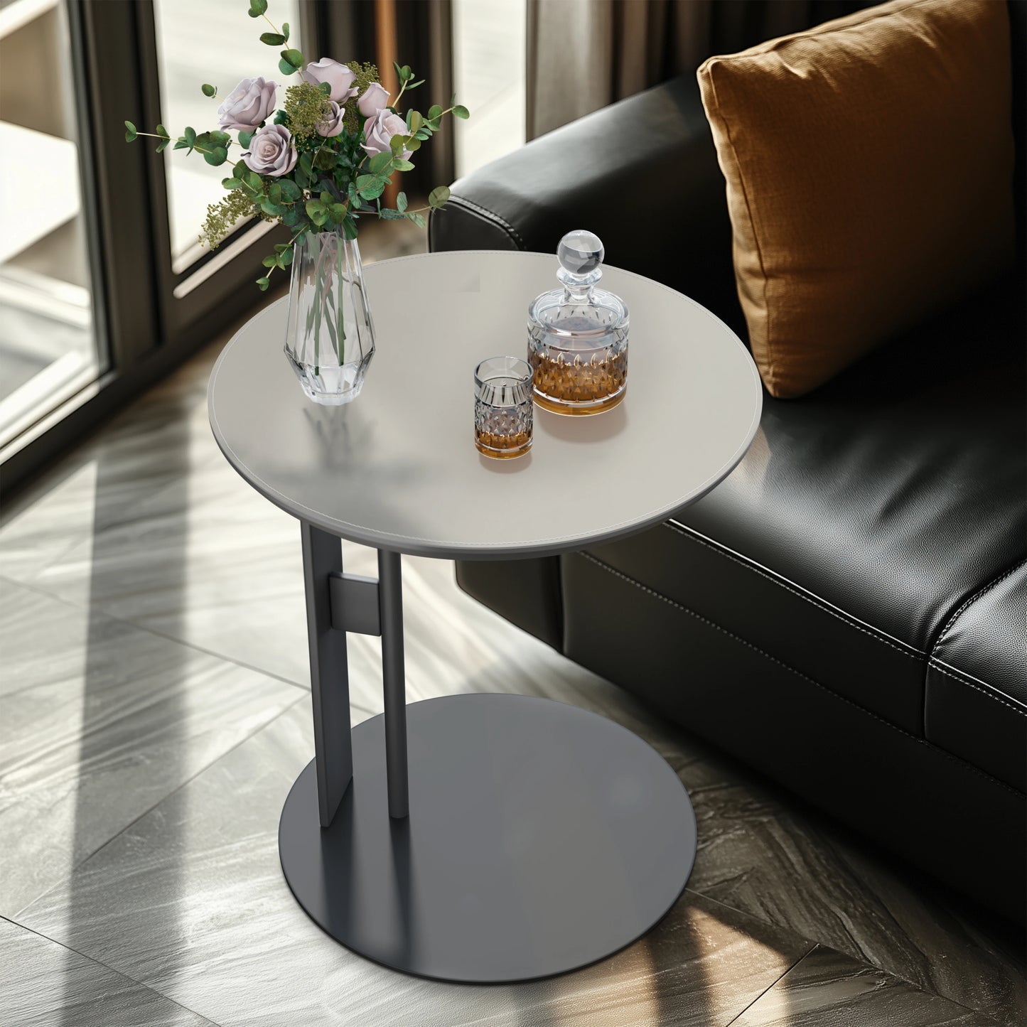 Round/Sqaure C-Shaped Side Table with Saddle Leather Tabletop Couch End Table Snack Desk for Living Room Office