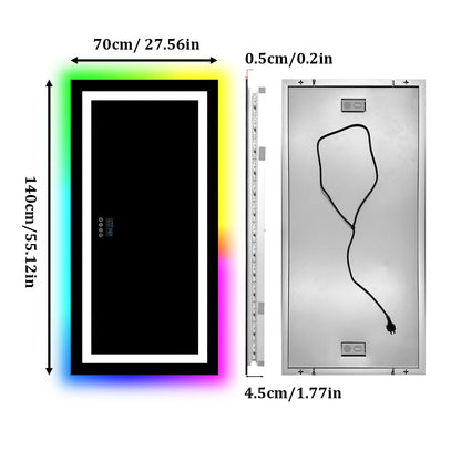 Rectangular LED Bathroom Mirror, Front-lit, RGB Backlight, Touch Antifog Vanity Mirror with Date and Time Bluetooth Speaker