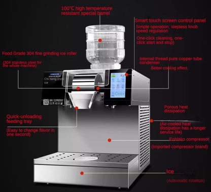 250kg/24H Commercial Korea Bingsu Machine Air Cooling Touch Screen Control Snow Ice Maker Shaver Machine Snowflake Ice Machine