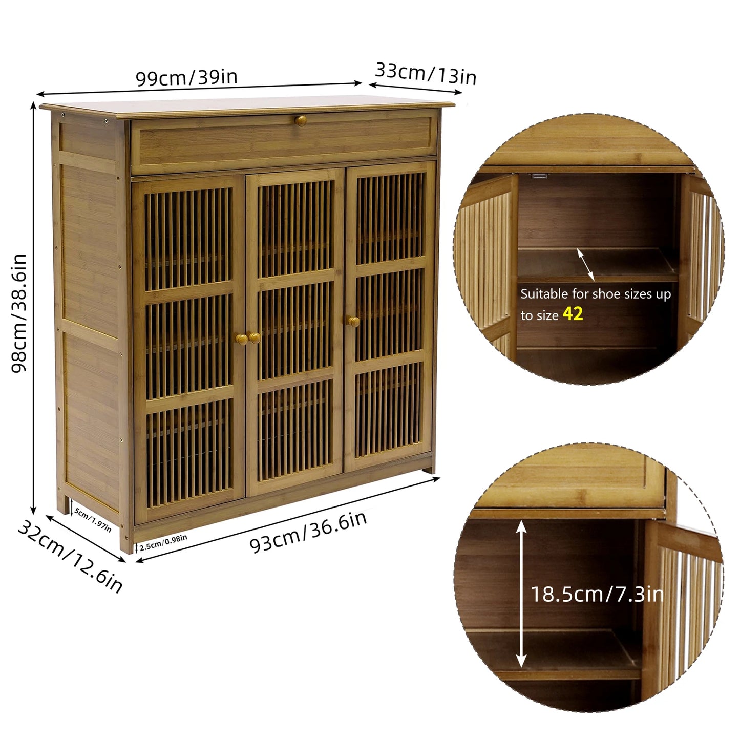 4 Tier Bamboo Shoe Storage Cabinet Wooden Shoes Rack with 3 Hollow Doors