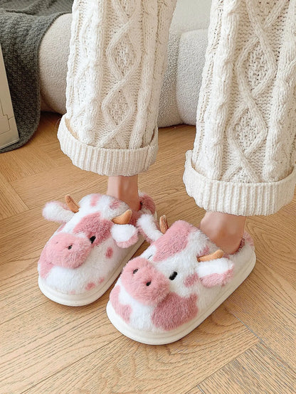 Pallene Cow milk Fuzzy Slippers Women Winter Cartoon Fur Slippers Soft Cozy Plush House Shoes Female Bedroom Cute Furry Slides