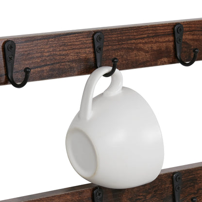 Wall Mounted Wooden Cups Hanging Organizer, Coffee Mug Cup Rack, Holder Shelf, 12 Hooks