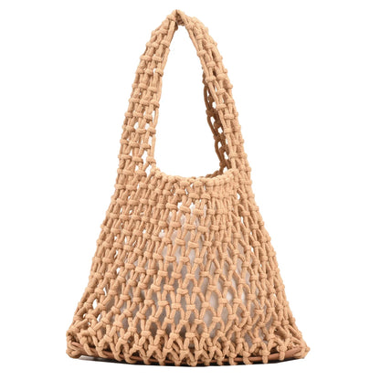 Women Braid Handbag Cotton Linen Top Handle Bag Woven Basket Bag Net Shopper Bag