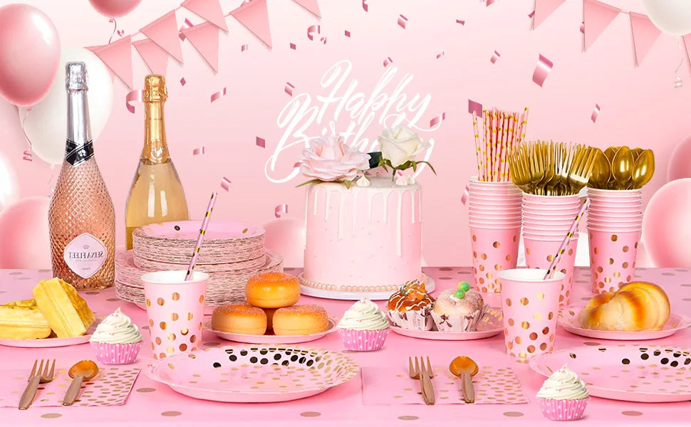 Pink and Gold Party Supplies 193 pcs/Serves 24 Pink and Gold Birthday Dinnerware Set- Pink and Gold Birthday Plates Cups etc