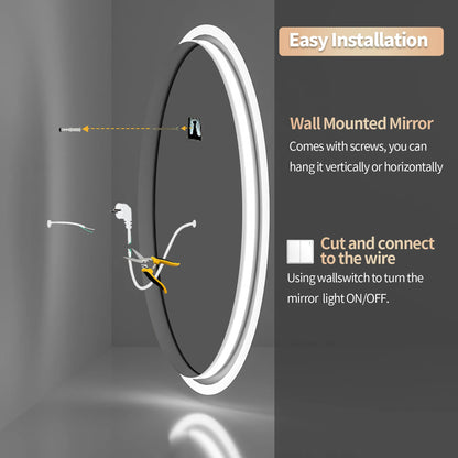 LED Bathroom Mirror Round 600/800mm Illuminated Dimmable Backlit Lighted Wall Vanity Mirror Anti-fog Smart Makeup Shaving Mirror