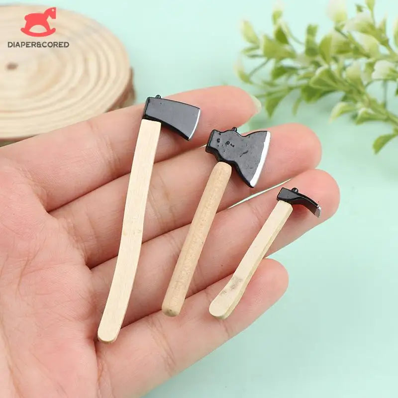 New 3Pcs/set 1/12 Scale Dollhosue Mini Wood Metal Chopper Hatchet Dollhouse Miniature Farming Tools Garden Tools