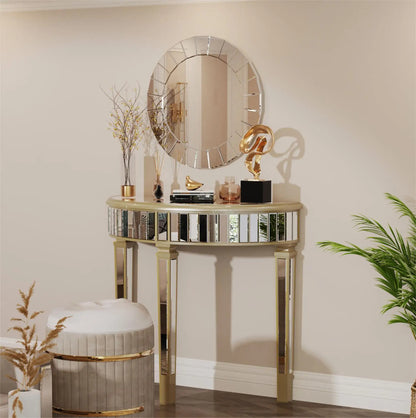 Ornate Mirrored Half Moon Console Table for Entryway Living Room, Silver Hallway Makeup Vanity Table, Demi Lune Furniture