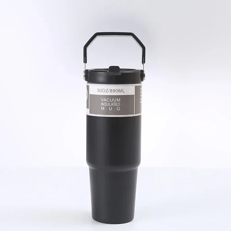 900ml Portable Car Cup Stainless Steel Thermos Cup with Straw Travel Sports Water Bottle With Handle Cover Coffee Vacuum Flask