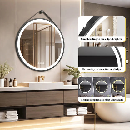 LUVODI 32" Large Round Bathroom Lighted Mirror With Touch Sensor Black Framed Bathroom Mirror with LED Lights