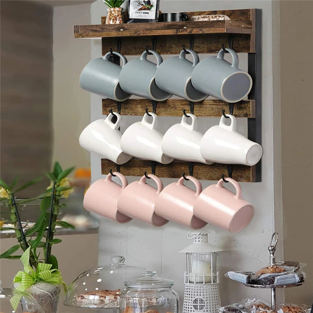 Wall Mounted Wooden Cups Hanging Organizer, Coffee Mug Cup Rack, Holder Shelf, 12 Hooks