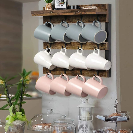 Wall Mounted Wooden Cups Hanging Organizer, Coffee Mug Cup Rack, Holder Shelf, 12 Hooks