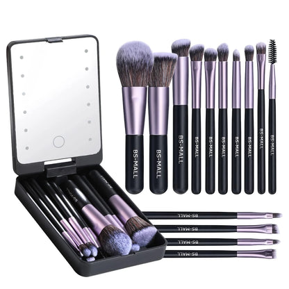 Versatile Luxurious Makeup Brush Set with Mini LED Light Mirror - Flawless for Daily Use or Travel - Ultra-soft Synthetic Bristl