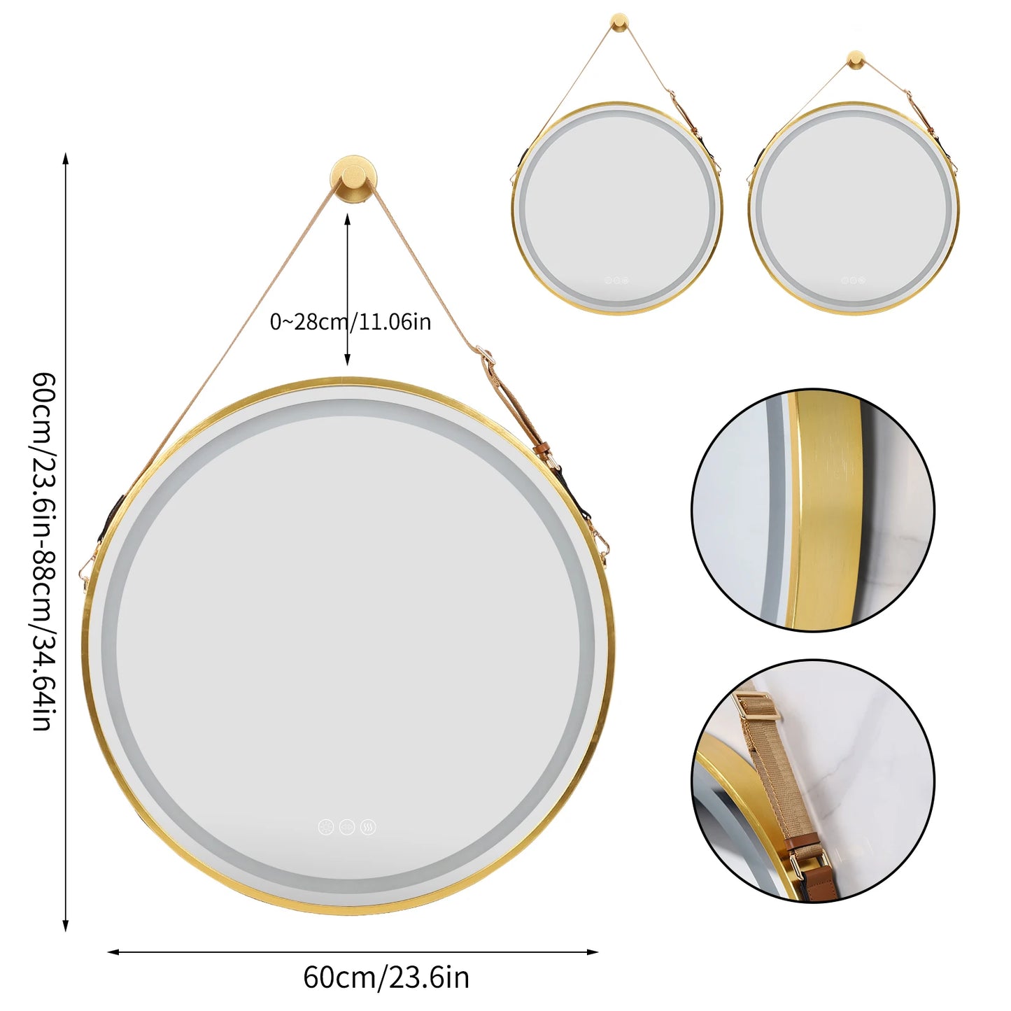 Round LED Illuminated Bathroom Mirror Hanging Wall Vanity Mirror Demister Dimmable Aluminum Fram HD Glass