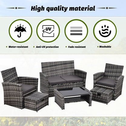 6 Pieces Garden Outdoor Patio Rattan Furniture Set, 6 Seater Sofa Set with Coffee Table & Footstools, Grey Rattan with Cushion