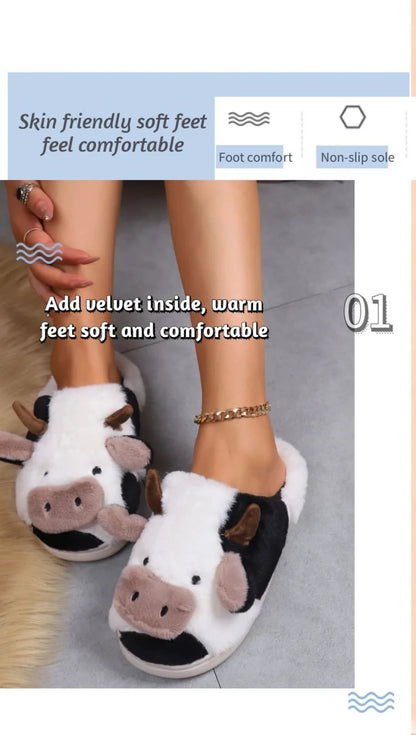 Pallene Cow milk Fuzzy Slippers Women Winter Cartoon Fur Slippers Soft Cozy Plush House Shoes Female Bedroom Cute Furry Slides